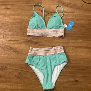 Mint Jacquard Plunging Bikini Top & Cheeky Bottoms Set